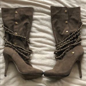 Brown High Heel Boots with Gold Chains